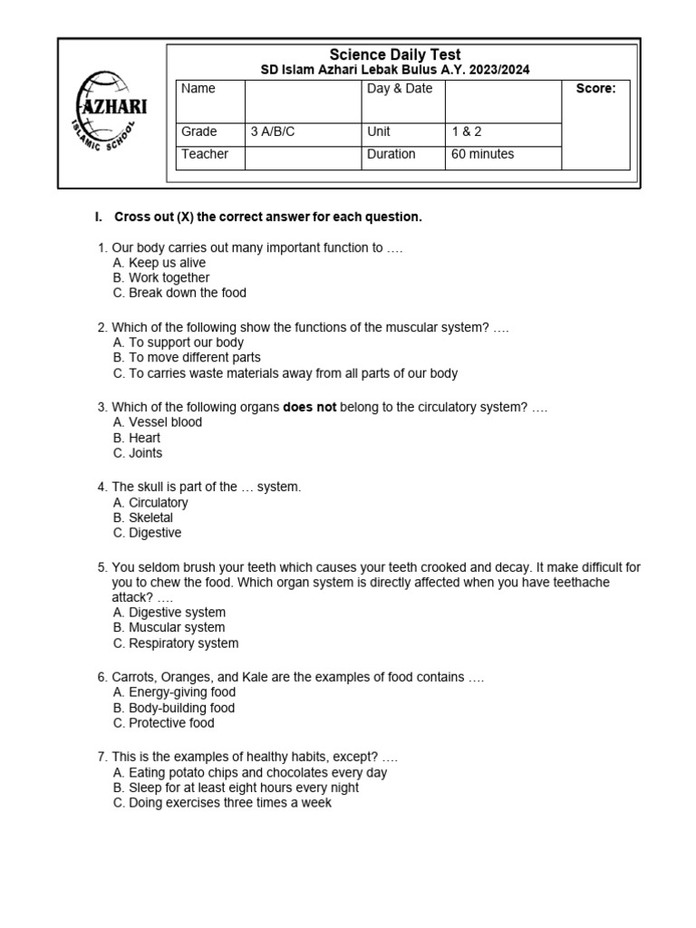 Science Daily Test: Units 1 & 2 | PDF | Anatomy
