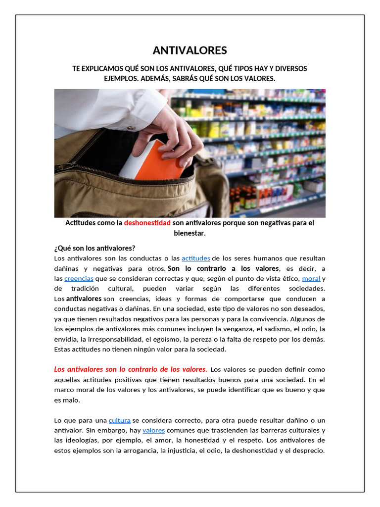 Antivalores: Definición y Tipos | PDF | Sociedad | Moralidad