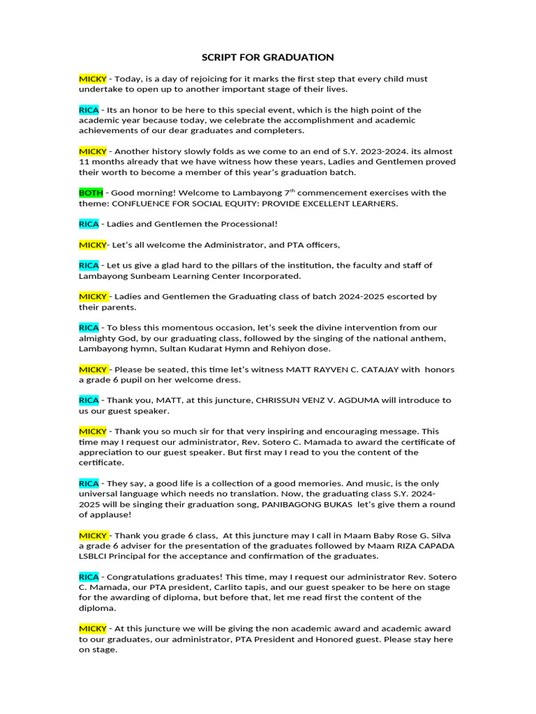 Graduation Ceremony Script 2024 | PDF