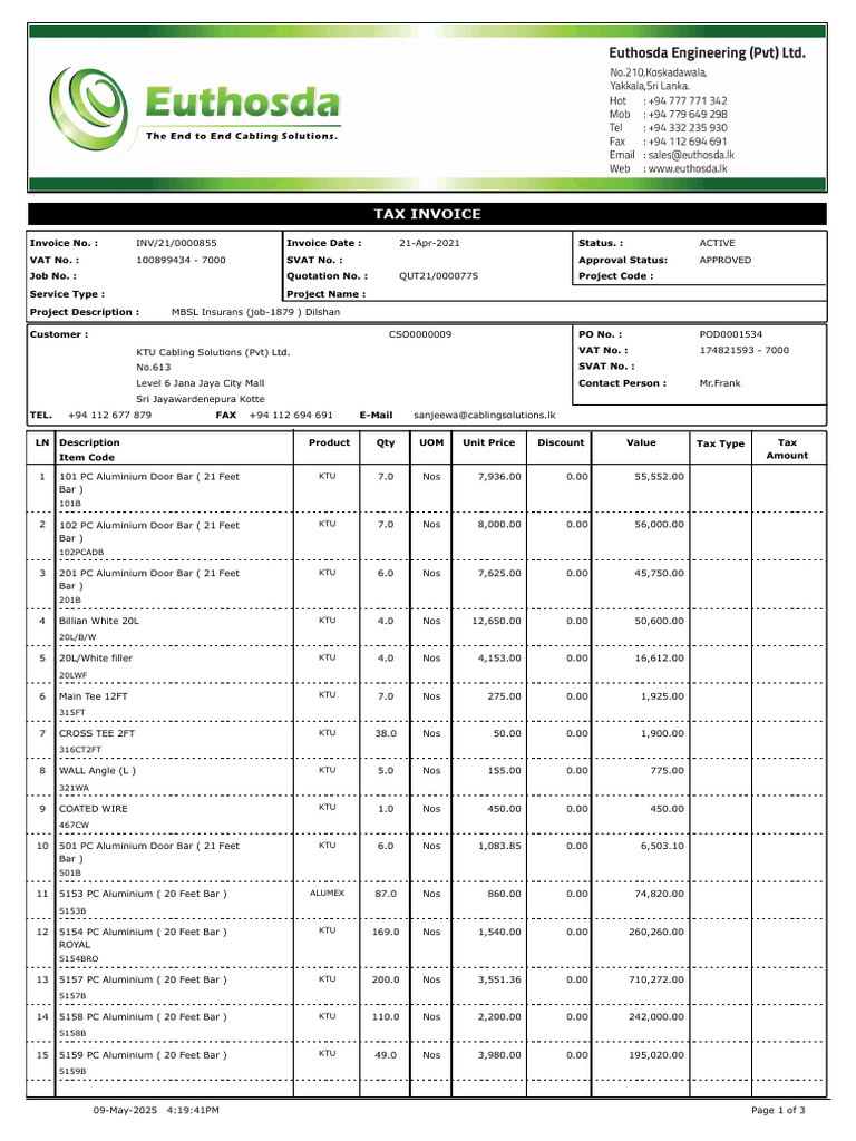 KTU Cabling Solutions Invoice Details | PDF | Cheque | Invoice