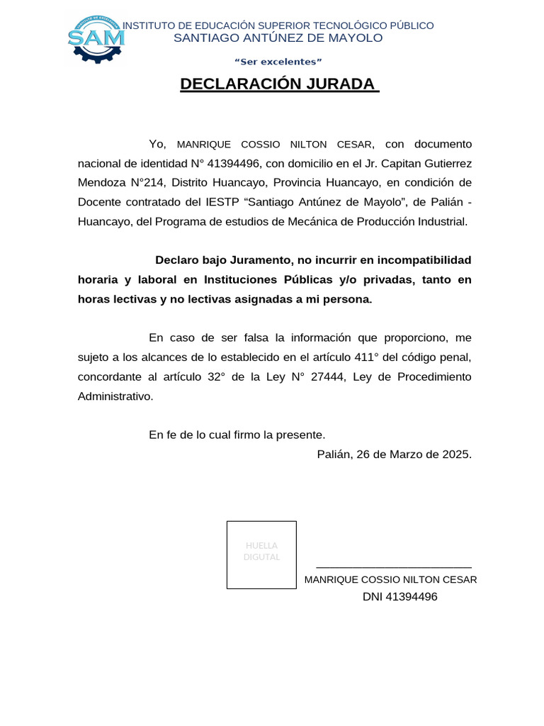 Declaración Jurada de Docente IESTP | PDF