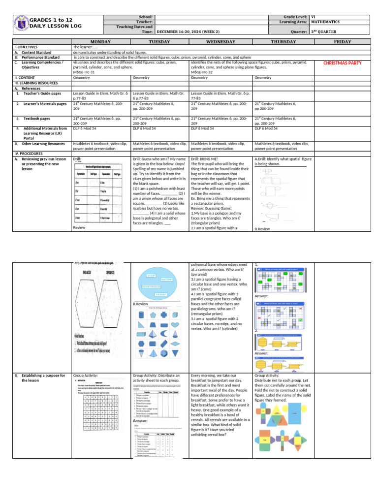 Grade 6 Math Daily Lesson Log | PDF | Triangle | Elementary Geometry