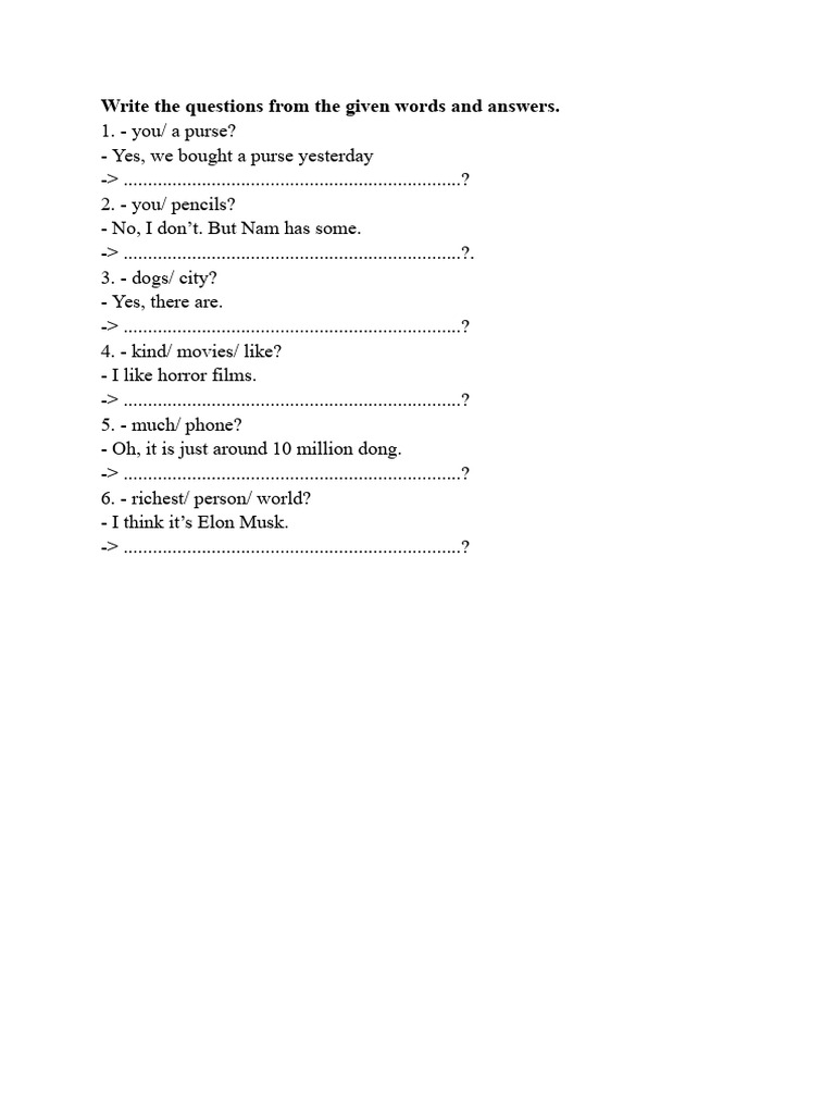 Write The Questions From The Given Words and Answers | PDF