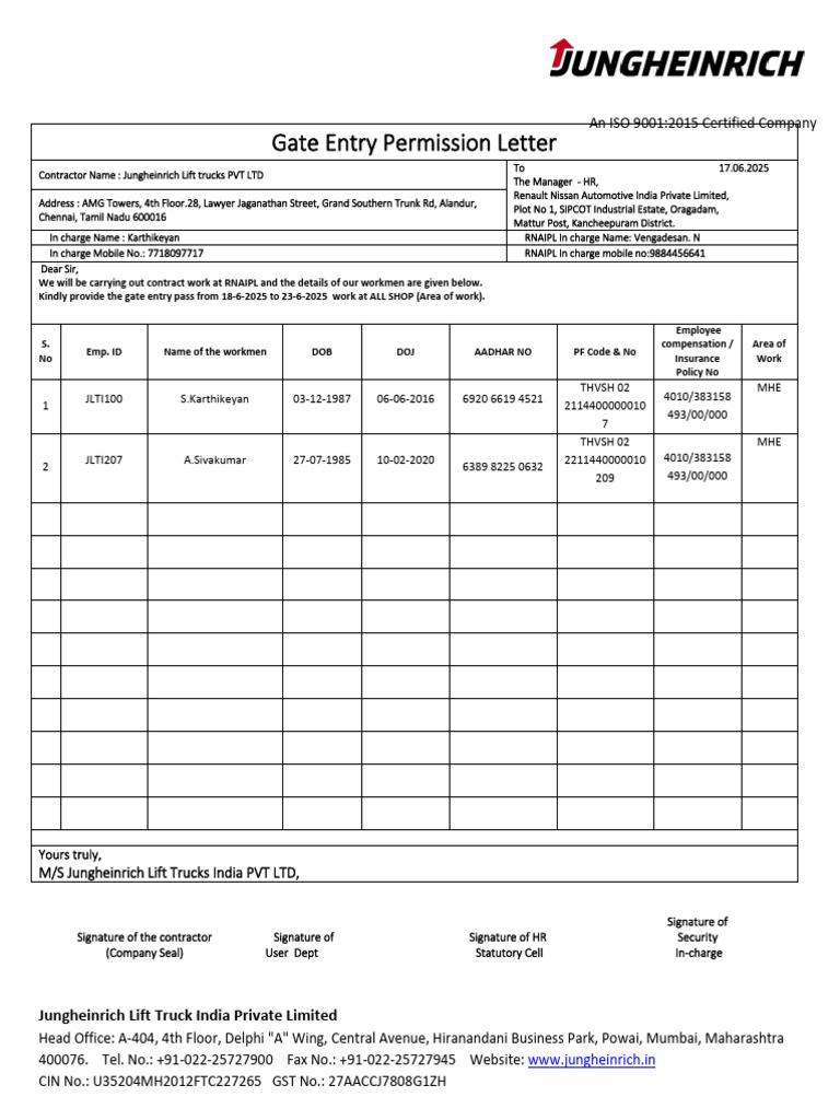 Gate Entry Permission Request for RNAIPL | PDF
