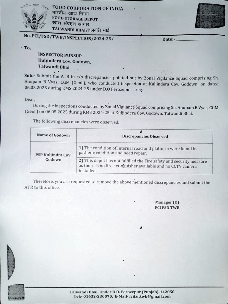 Discrepancies Report for FCI Godown Inspection | PDF