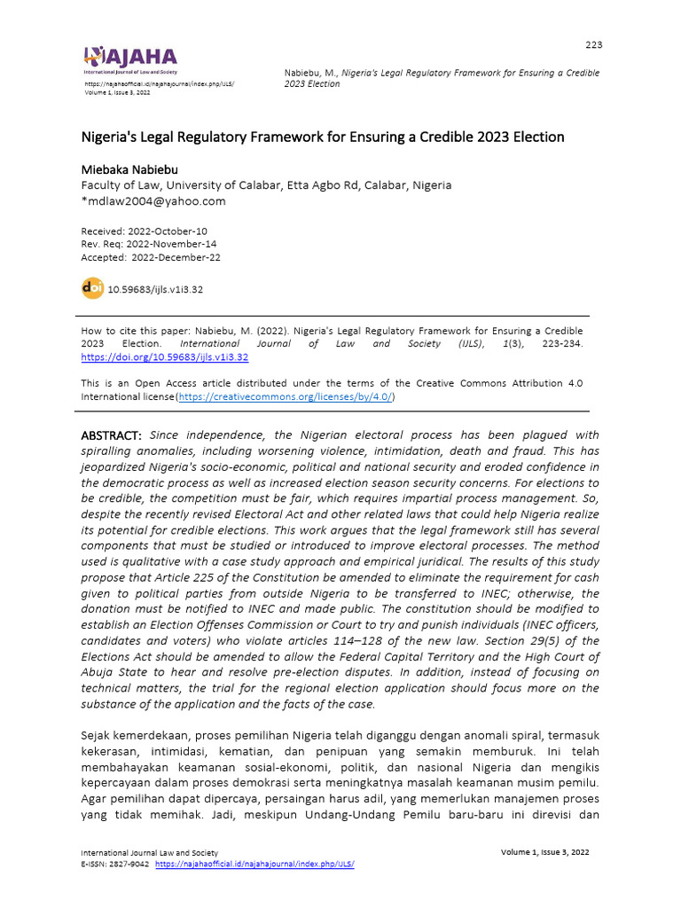 Nigeria's Legal Framework for 2023 Elections | PDF | Elections | Voting