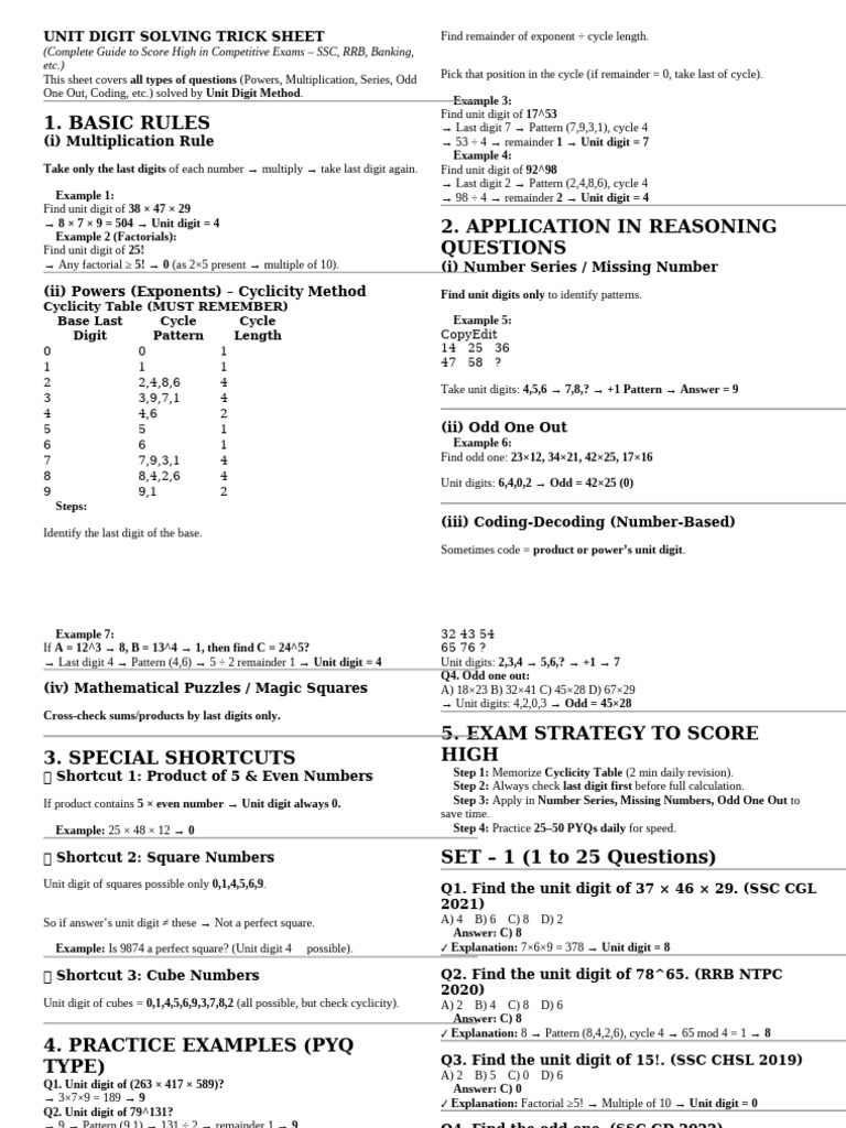 Unit Digit Tricks for Competitive Exams | PDF | Discrete Mathematics ...