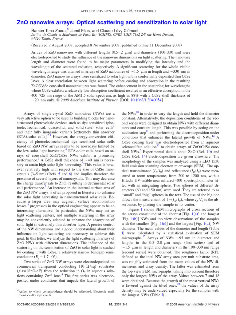 ZnO Nanowire Arrays for Solar Light Sensitization | PDF | Zinc Oxide ...