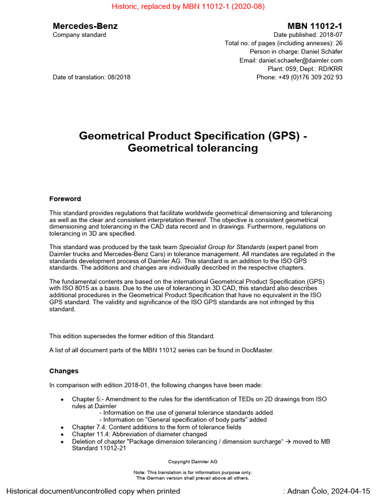 MBN 11012-1: Geometrical Tolerancing Standards | PDF | Engineering ...