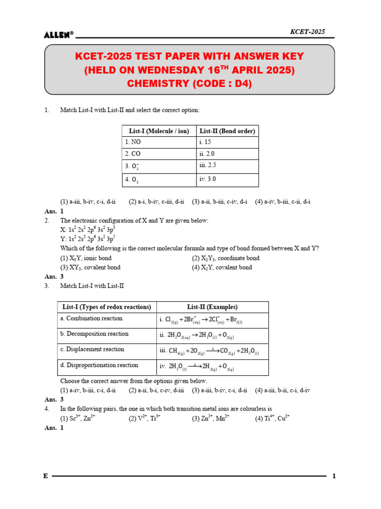 Kcet 2025 Chemistry Answer Key 16-04-2025 | PDF | Cathode | Activation Energy