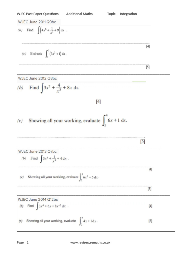 WJEC Additional Maths Integration Questions | PDF