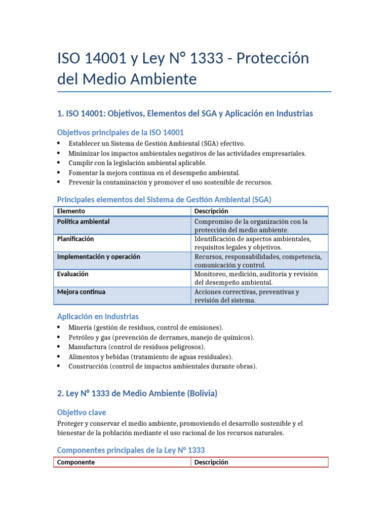 ISO 14001 y Ley N° 1333: Gestión Ambiental | PDF | Entorno natural