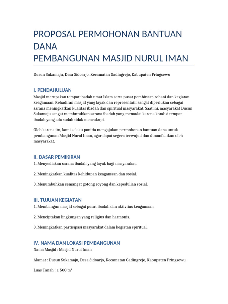 Proposal Dana Pembangunan Masjid Nurul Iman | PDF