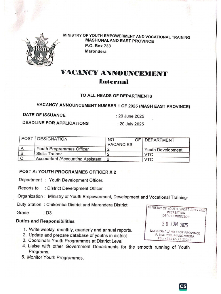 Vacancy Announcement 1 of 2025 Ministry of Youth | PDF
