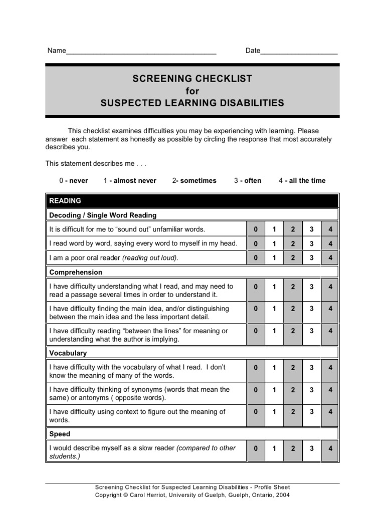 Learning Disabilities Screening Checklist | PDF | Learning Disability ...