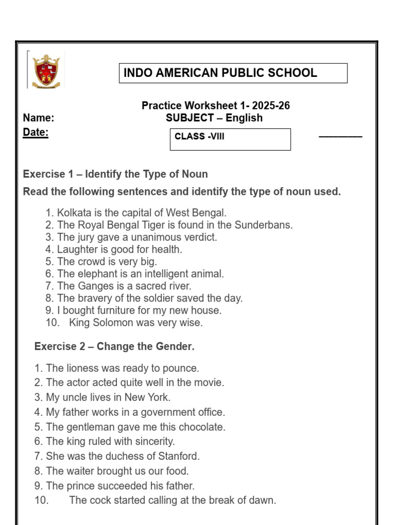 Class VIII Snglish Worksheet | PDF