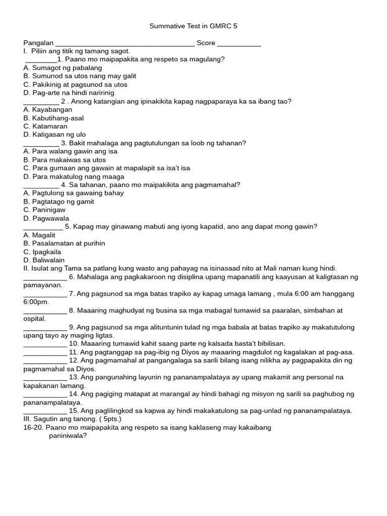 Summative Test in GMRC 5 | PDF