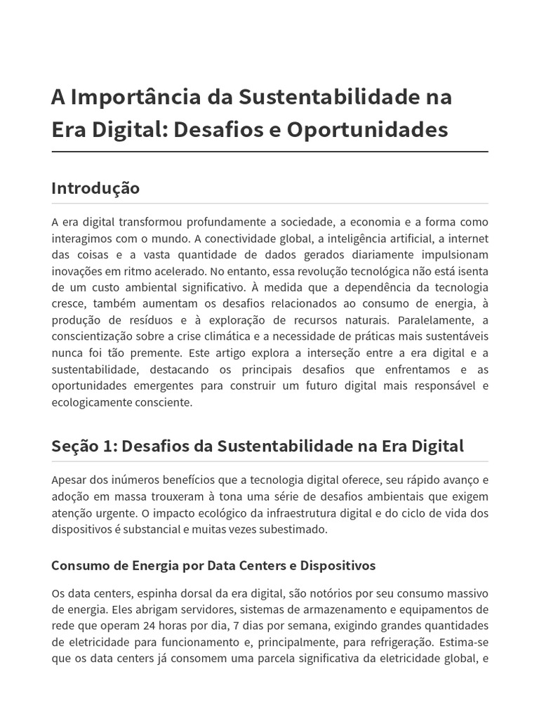 Sustentabilidade na Era Digital: Desafios e Oportunidades | PDF ...