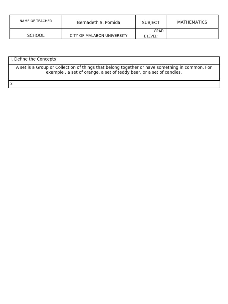 Grade 7 Math Lesson Plan on Sets | PDF