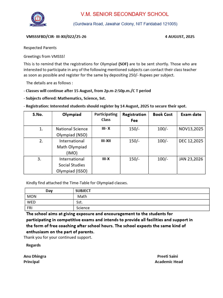 Circular 022 III Xii Olympiad Registrations 2025 26 August4 | PDF
