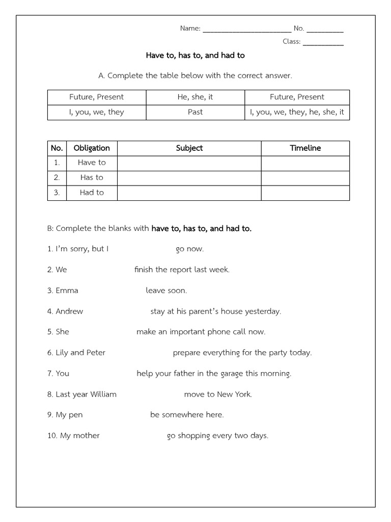 Have to, Has to, Had to Exercises | PDF