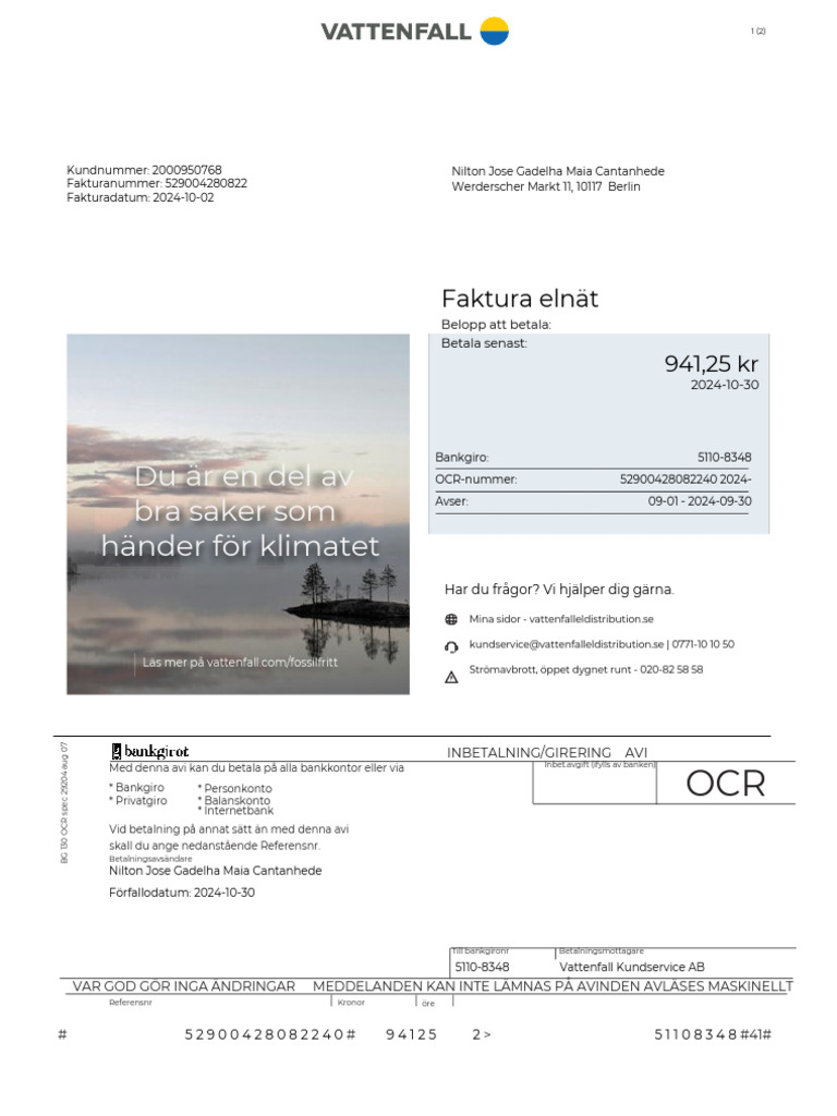 Vattenfall Rechnung PDF | PDF