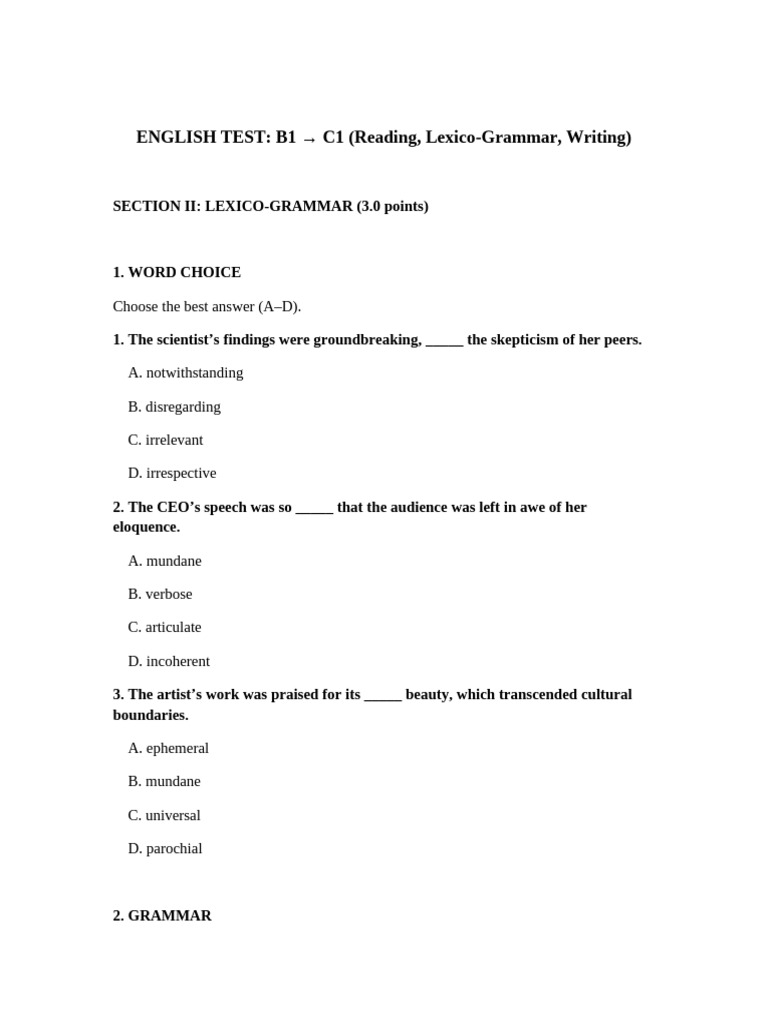 English Test B1 C1 Reading Lexico Writing | PDF | Agriculture | Mental ...