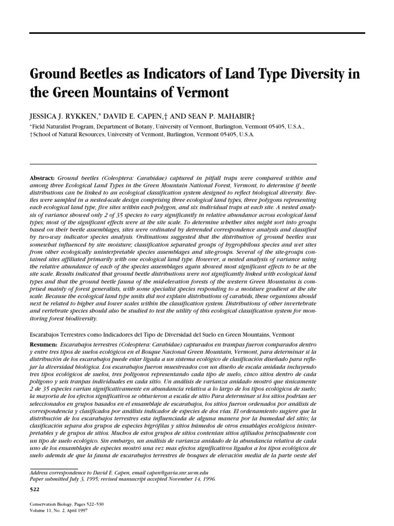 Ground Beetles As Indicators of Land Type Diversity in The Green ...