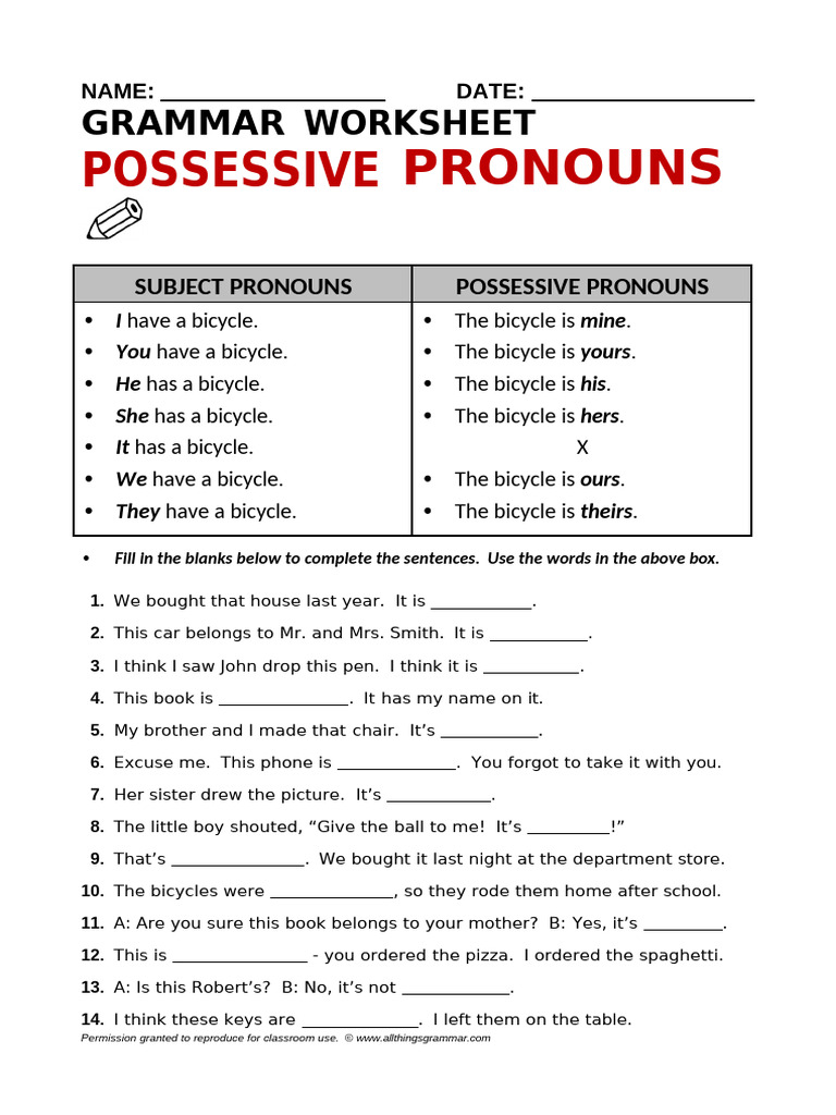 Possessive Pronouns Worksheet | PDF | Linguistic Typology | Language ...