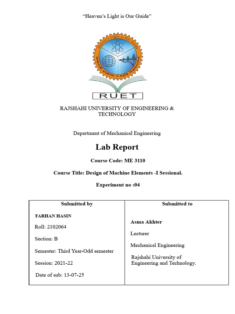 Lab Report on Machine Design Elements | PDF