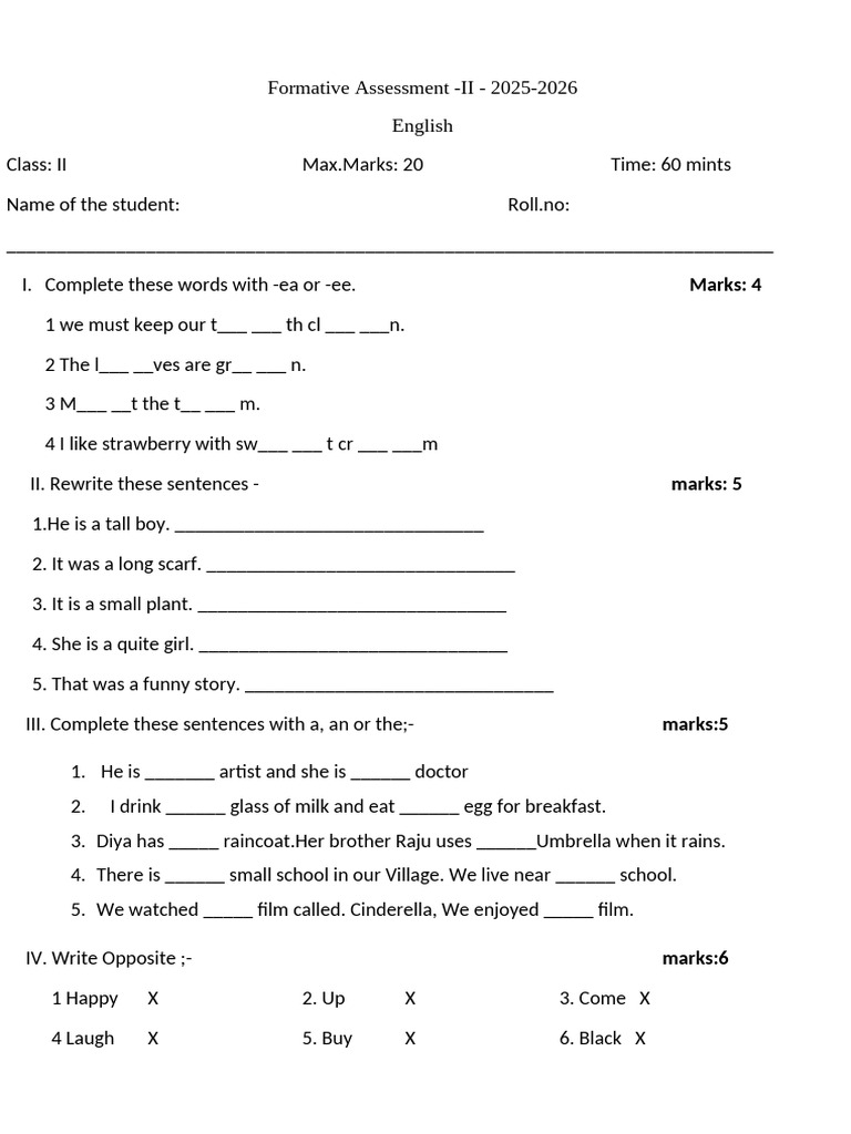 FA-II 2025-26 Exam Papers for Class II | PDF