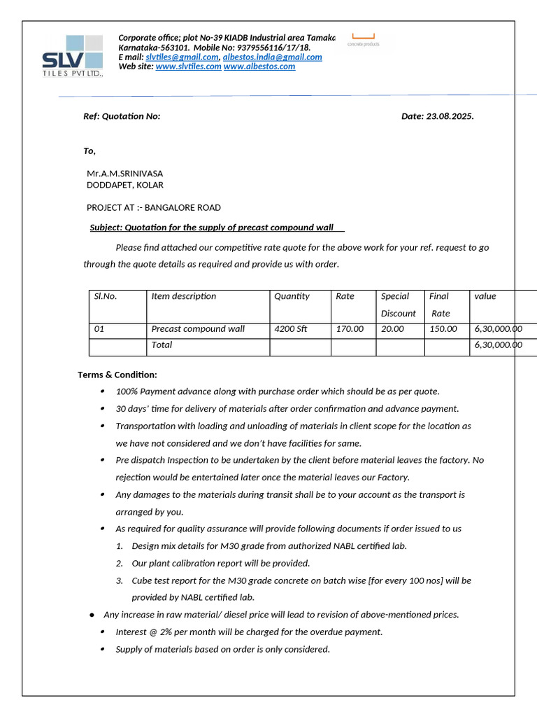 Quotation for Precast Compound Wall | PDF | Business