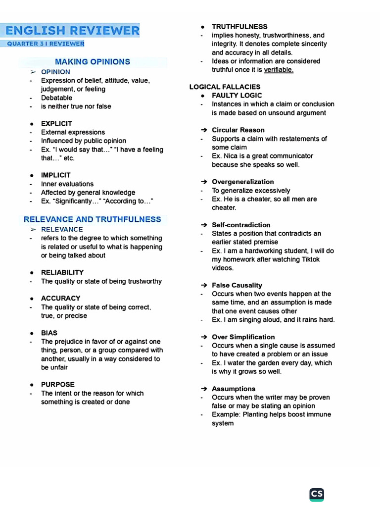 English Quarter 3 Reviewer Grade 9 | PDF