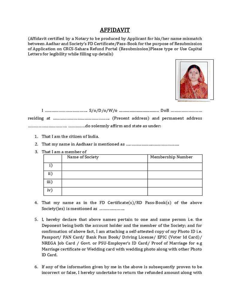 Sahara Name Mismatch Affidavit Format | PDF | Identity Document ...