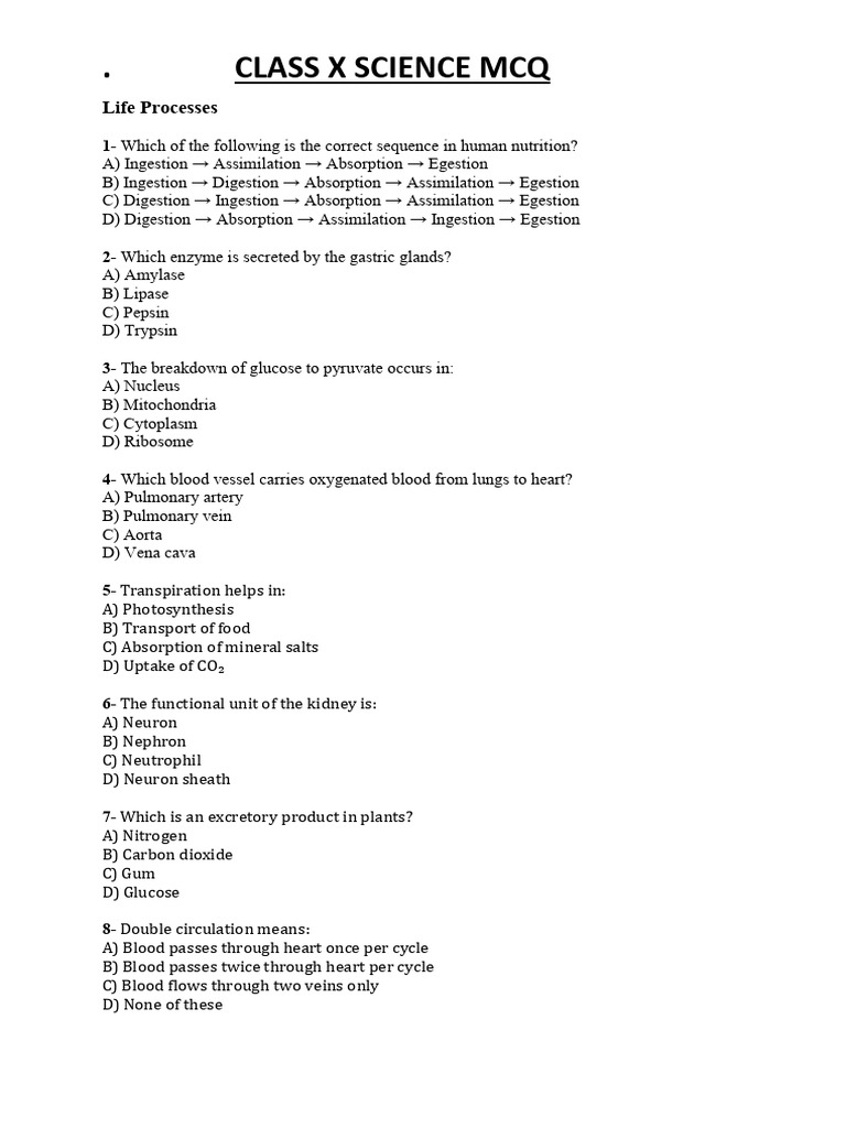 Class X Science MCQs on Life Processes | PDF | Digestion | Chemical ...