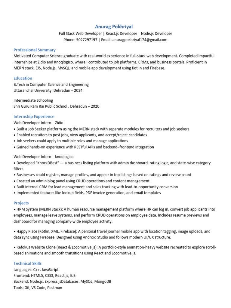 Full Stack Web Developer Resume | PDF | Computing | Software