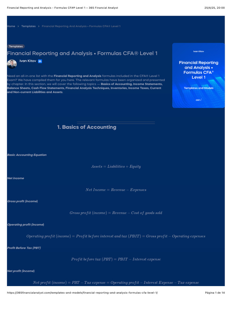CFA Level 1 Financial Formulas Guide | PDF | Depreciation | Revenue