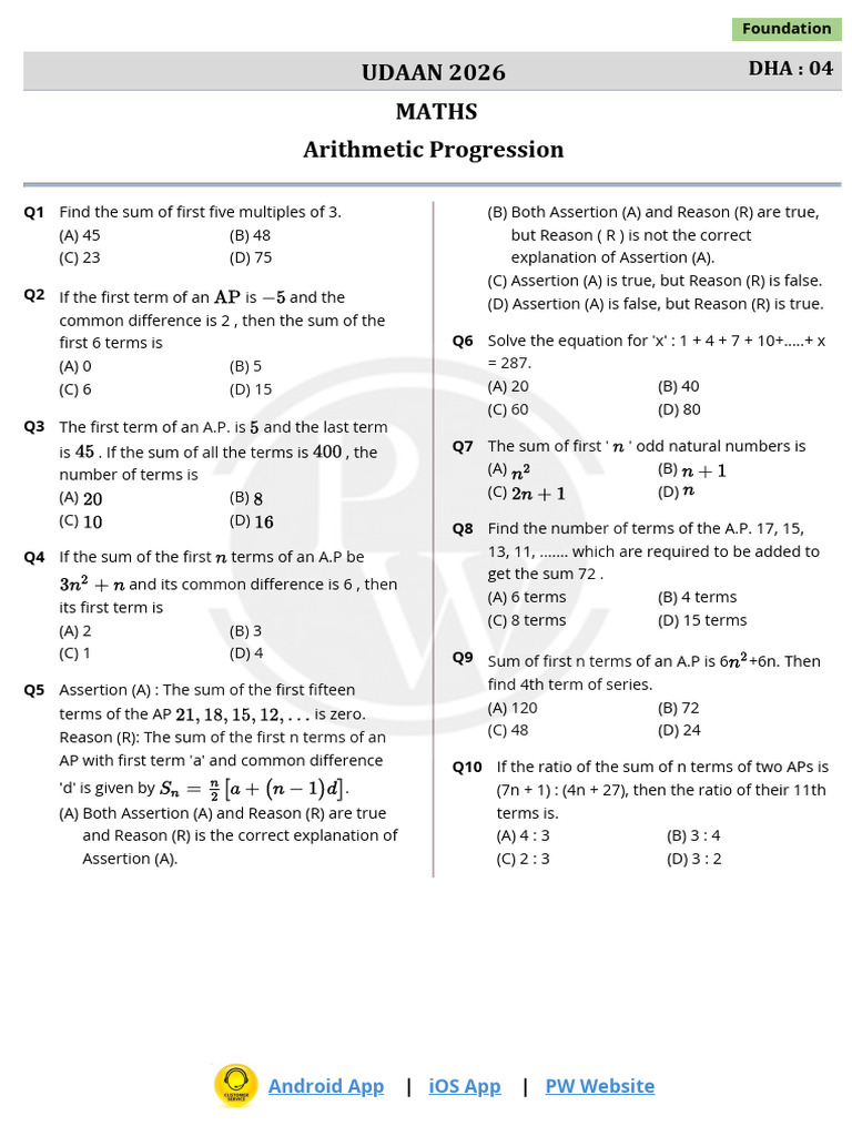 UDAAN 2026 Maths Arithmetic Progression: Android App iOS App PW Website ...