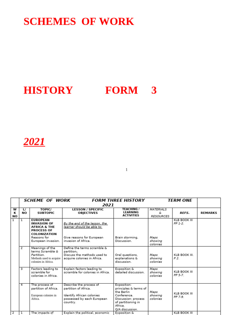 Form 3 History Scheme of Work 2021 | PDF