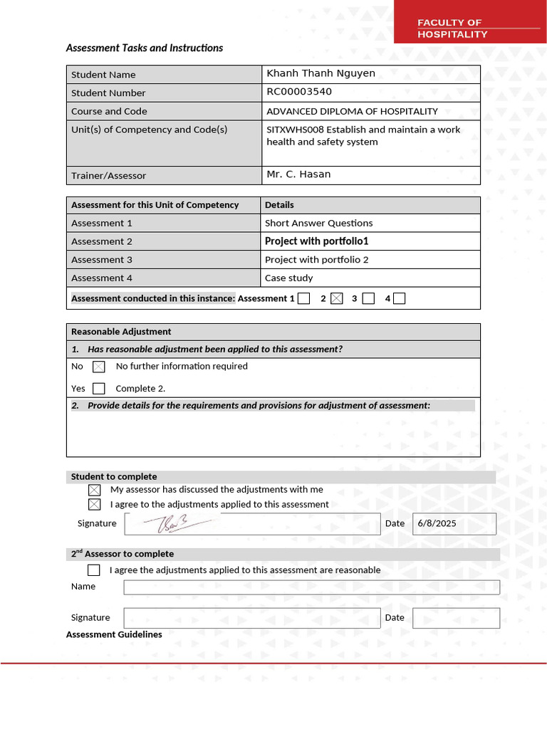 Hospitality WHS Assessment Guidelines | PDF | Occupational Safety And ...