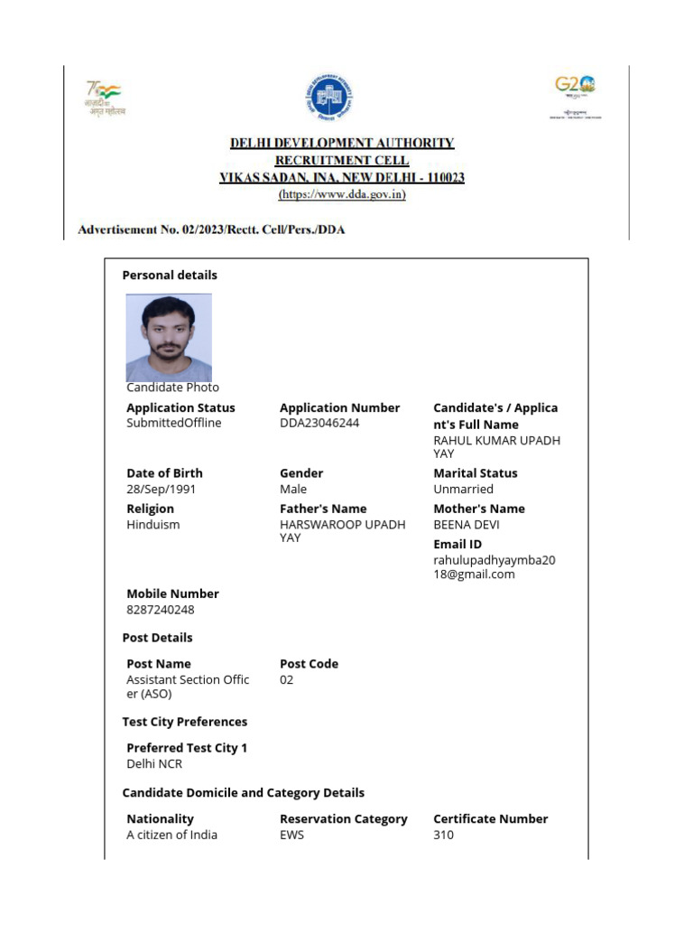 DDA ASO Application Details for Rahul | PDF