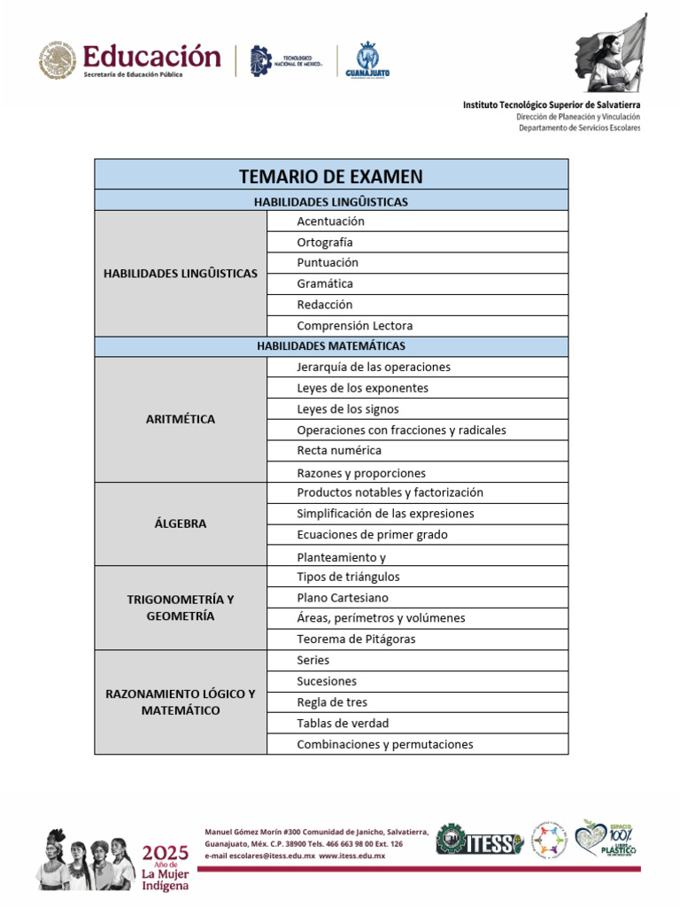 Temario de Examen: Habilidades Lingüísticas y Matemáticas | PDF