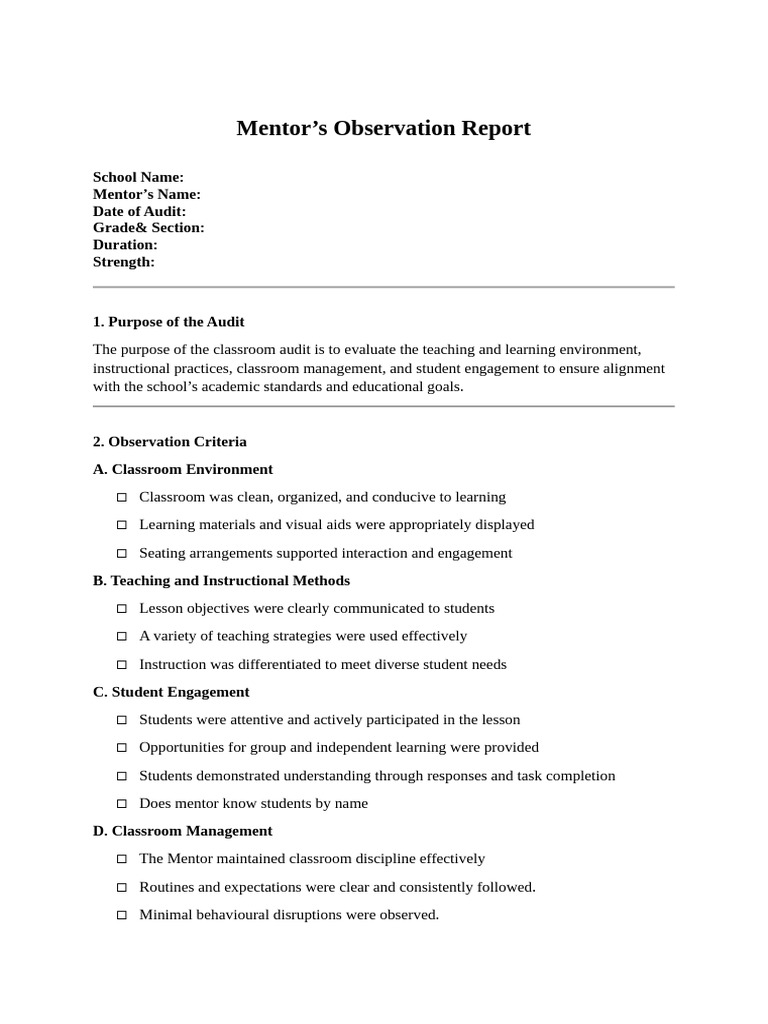 Classroom Audit Observation Report | PDF