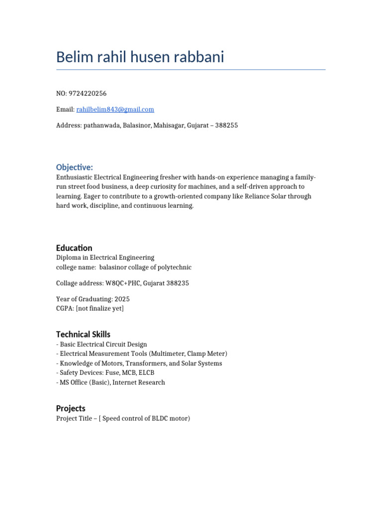 Electrical Engineer Resume for Fresher | PDF