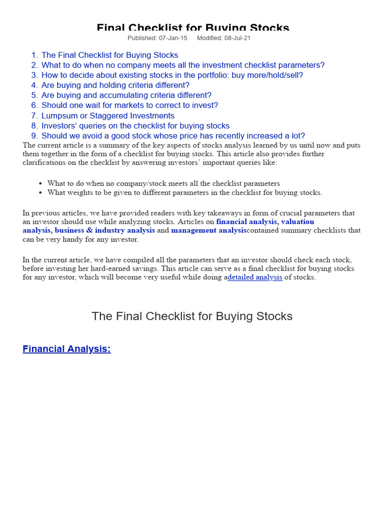 Final Stock Investment Checklist PDF | PDF | Stocks | Valuation (Finance)
