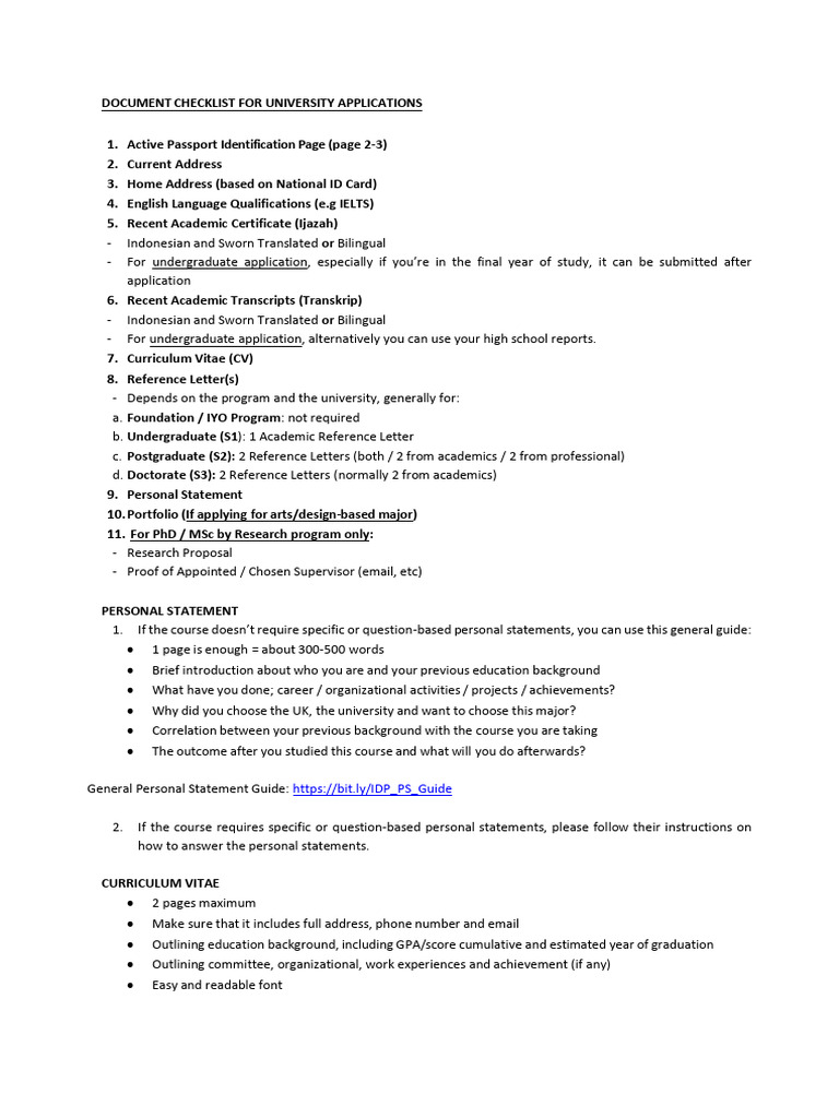 University Application Document Checklist | PDF | Identity Document ...