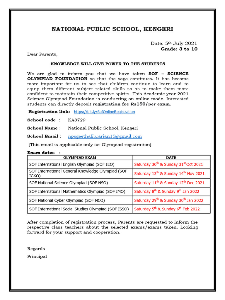 National Public School, Kengeri: Sof - Science Olympiad Foundation | PDF