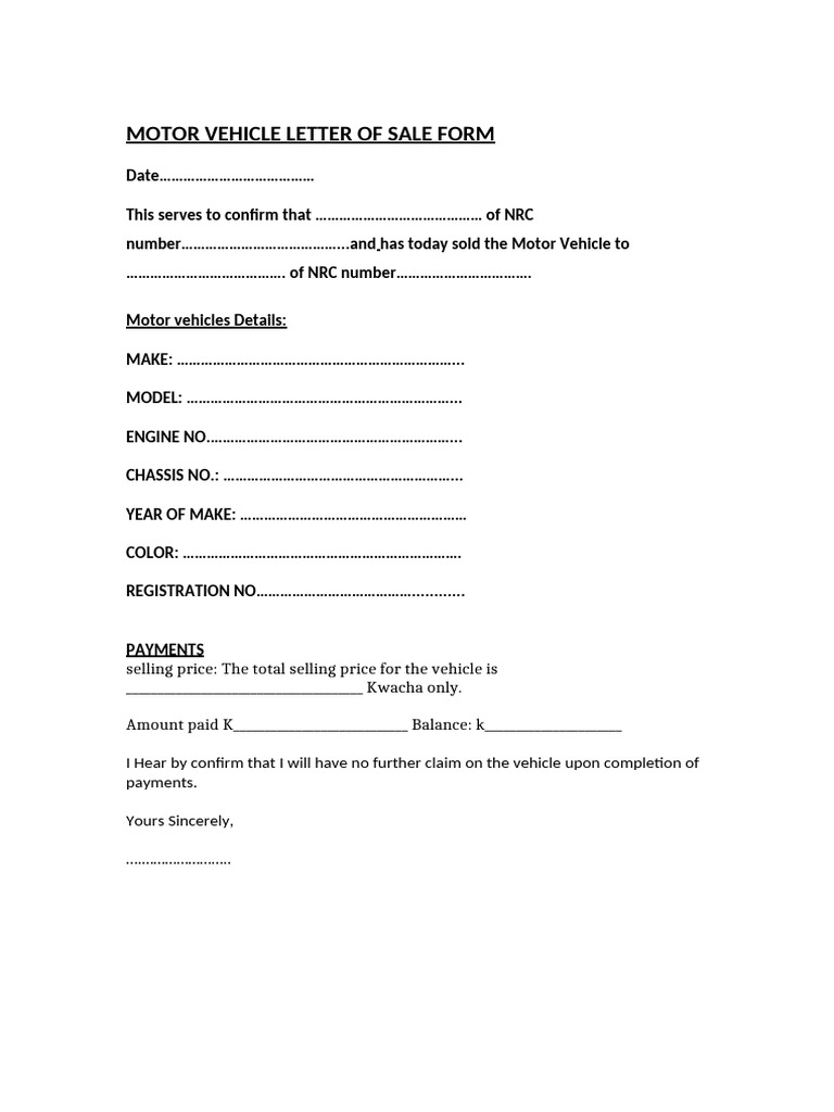 Motor Vehicle Sale Confirmation Letter | PDF