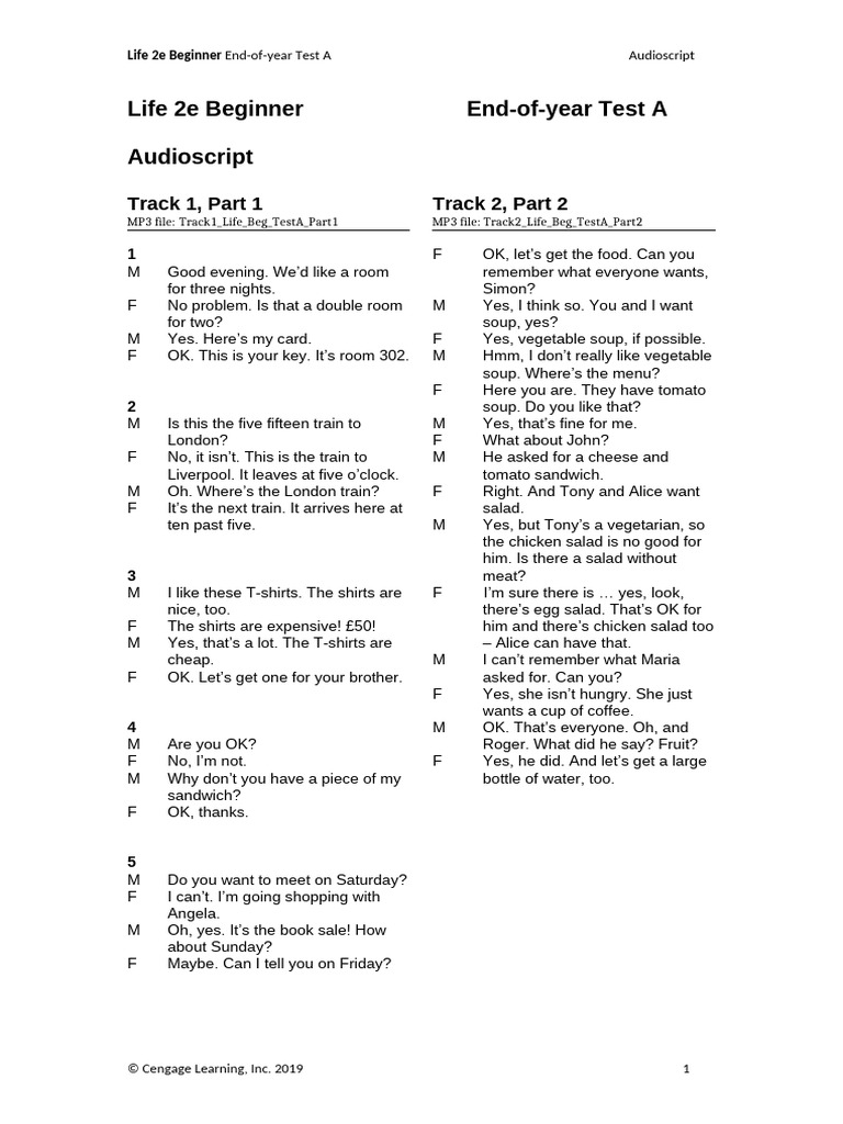 Life 2e Beginner Test A Audioscript | PDF | Identity Document