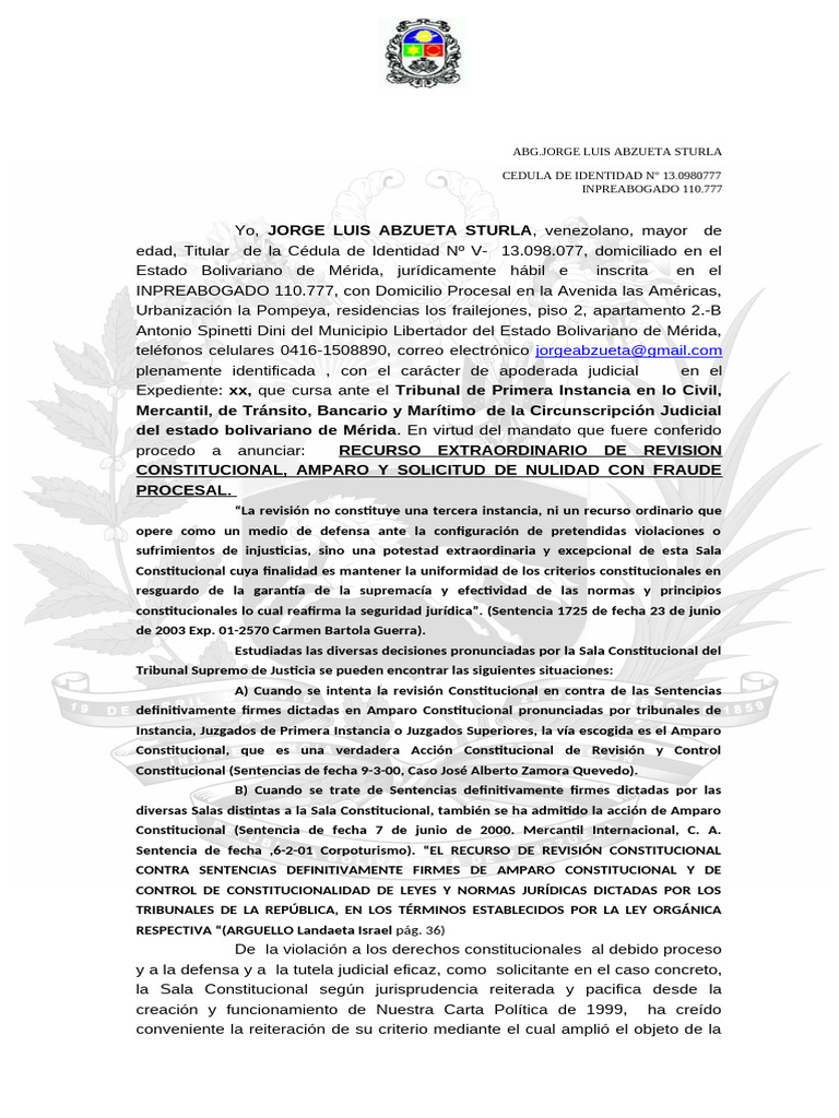 Recurso de Revisión Constitucional en Venezuela | PDF | Caso de ley ...